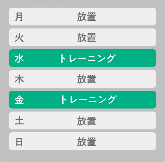 月 放置、火 放置、水 トレーニング、木 放置、金 トレーニング、土 放置、日 放置、